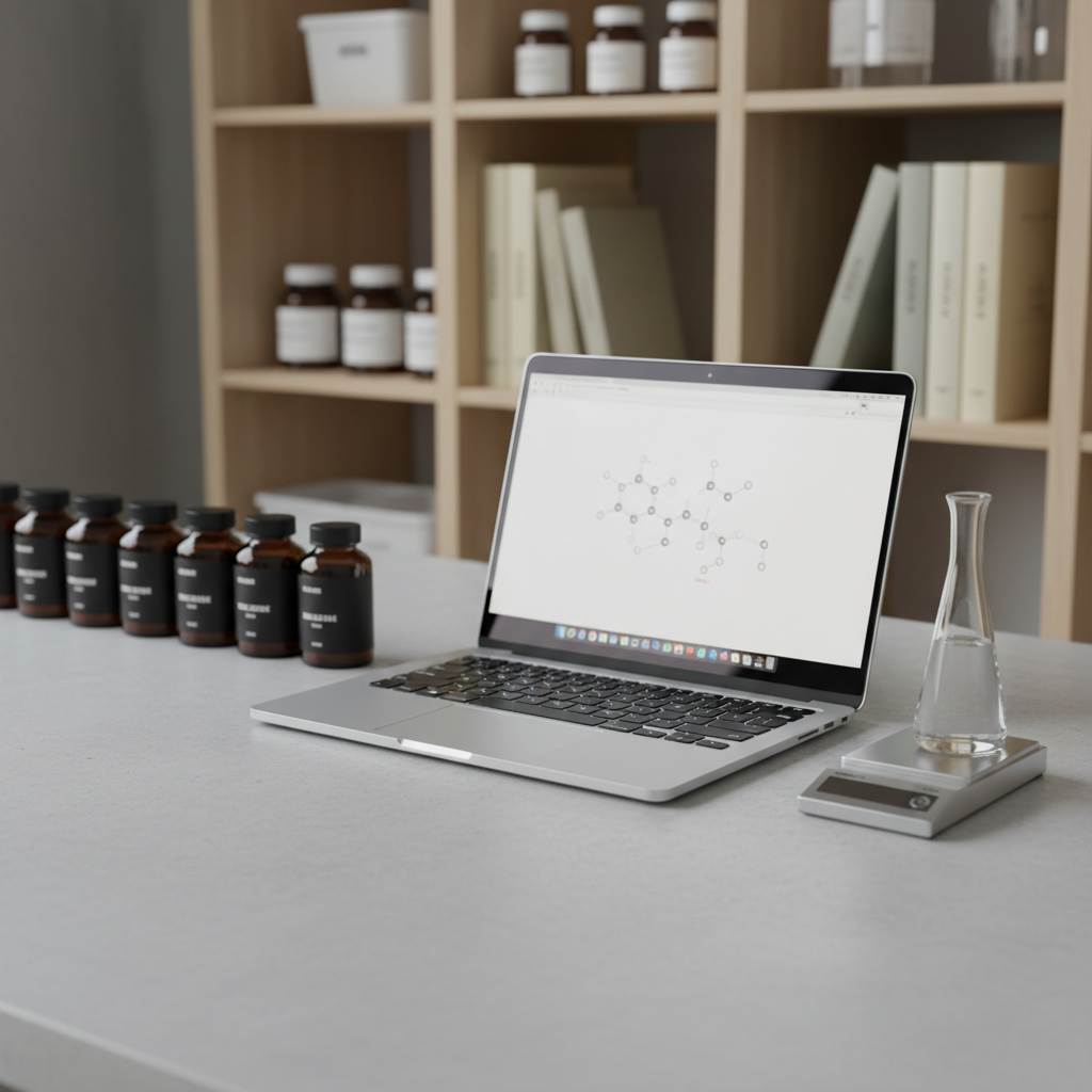 An organized biohacker’s workstation with a brushed aluminum laptop open to a molecular diagram, surrounded by neatly aligned amber supplement bottles, a precision micro-scale, and a slim glass beaker containing a clear SARM solution. The desk surface is smooth, light gray composite, with a subtle texture that catches the light. In the background, softly out of focus, modular shelving holds labeled containers and reference books in calm neutral colors. Soft studio lighting from the left creates balanced, low-contrast illumination with refined highlights on metal edges and glass surfaces. Captured from a slightly elevated angle using the rule of thirds, the composition feels structured and corporate, evoking a mood of methodical experimentation and informed self-optimization in photographic realism.