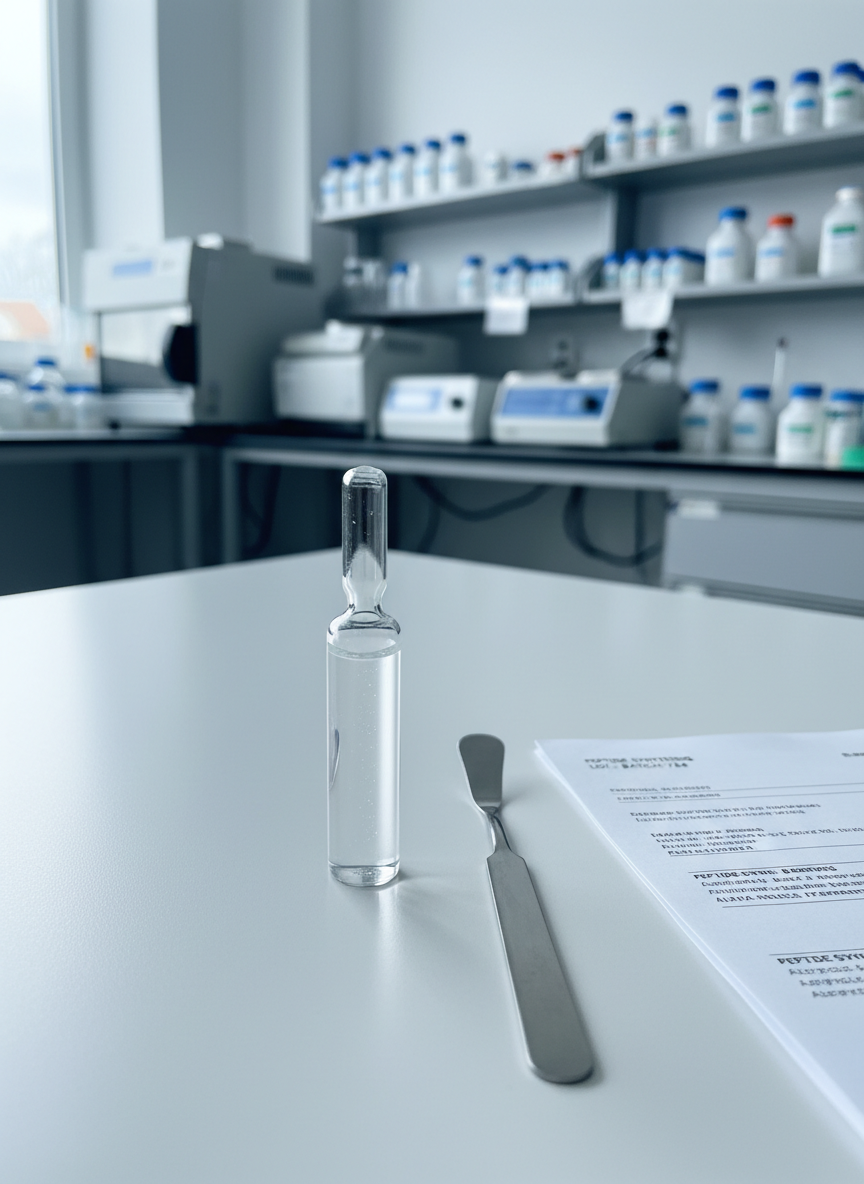 A sleek laboratory-grade glass vial filled with a faintly iridescent clear peptide solution stands upright on a matte white surface, beside a stainless-steel microspatula and a crisp, labeled data sheet with neatly printed molecular codes. In the softly blurred background, cool-toned lab equipment and neatly arranged reagent bottles create a structured, clinical environment. Neutral, diffused daylight from an unseen window casts gentle, precise shadows and subtle reflections on the glass, emphasizing cleanliness and precision. Photographed at eye level with a shallow depth of field, the vial is perfectly centered using a clean, minimalist composition. The mood is professional, controlled, and analytical, with a photographic realism and corporate aesthetic that communicates advanced, evidence-based biohacking.