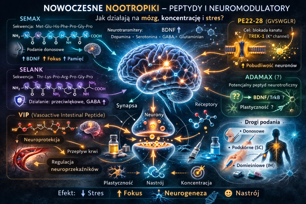 Semax, selank, vip, pe22-28, adamax – krótka charakterystyka i porównanie działania&nbsp;nootropowego.